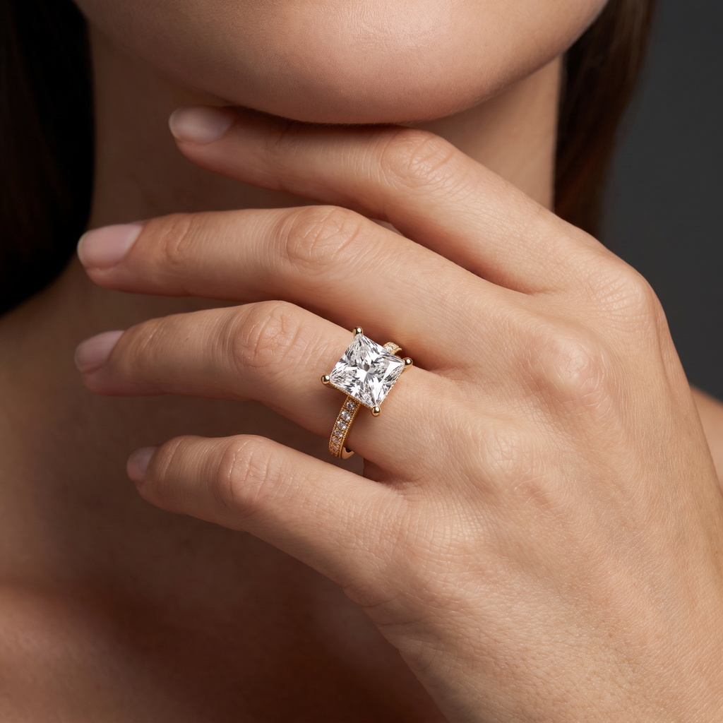 Hand wearing a princess cut Lab-Grown Diamond milgrain pavé engagement ring in 14K yellow gold
