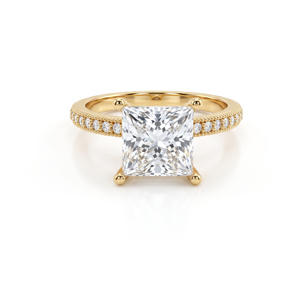 Low Dome Princess Cut Milgrain Pavé Engagement Ring with a princess cut Lab-Grown Diamond in 14K yellow gold