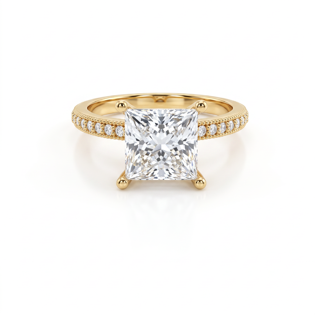Low Dome Princess Cut Milgrain Pavé Engagement Ring with a princess cut Lab-Grown Diamond in 14K yellow gold