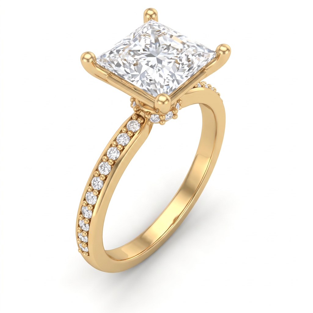 Alternate view 1: princess cut Lab-Grown Diamond pavé engagement ring, 14K yellow gold low dome band