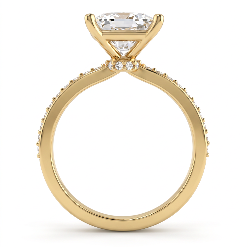 Alternate view 2: princess cut Lab-Grown Diamond pavé engagement ring, 14K yellow gold low dome band