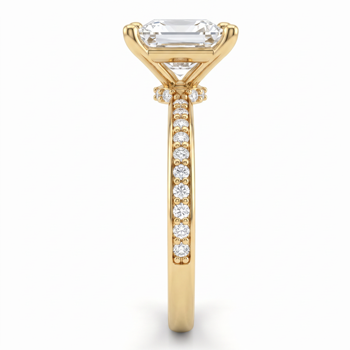 Alternate view 3: princess cut Lab-Grown Diamond pavé engagement ring, 14K yellow gold low dome band