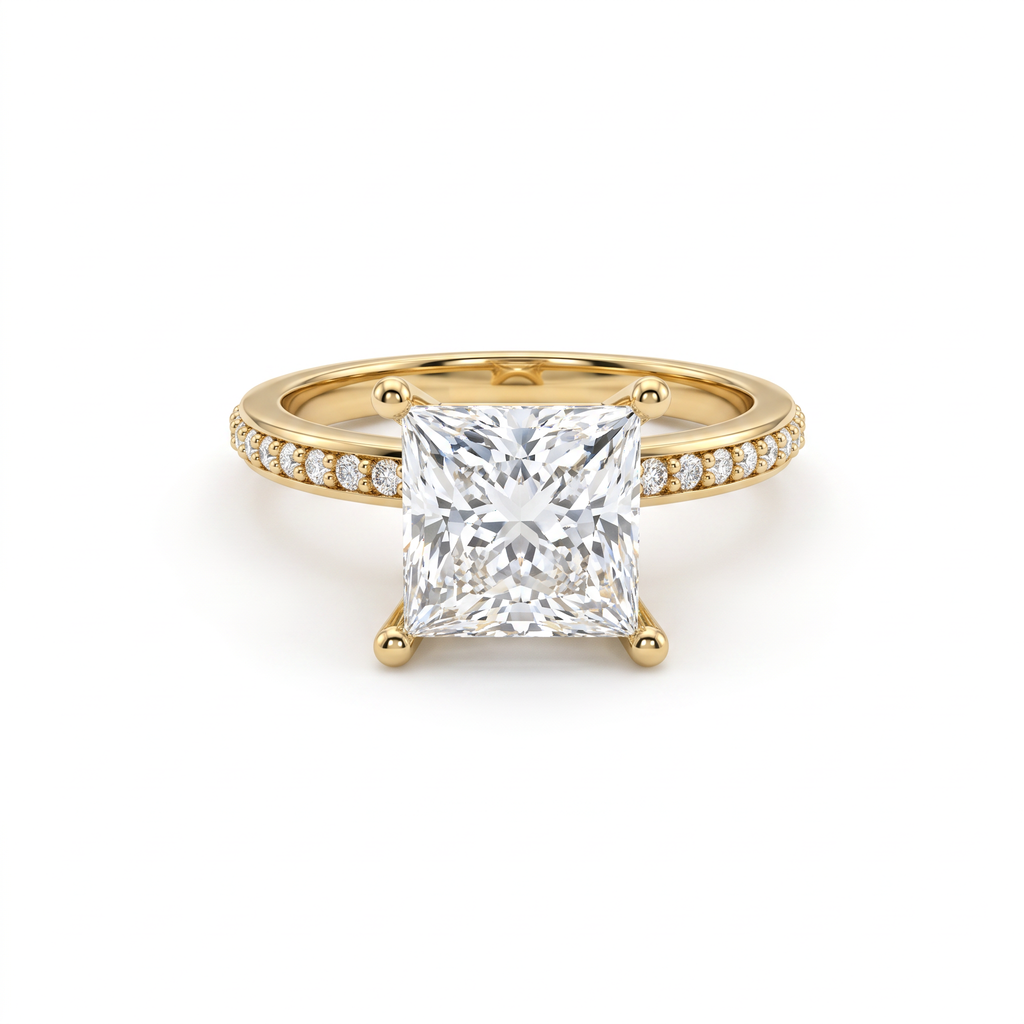 Low Dome Princess Cut Pavé Engagement Ring with a princess cut Lab-Grown Diamond in 14K yellow gold