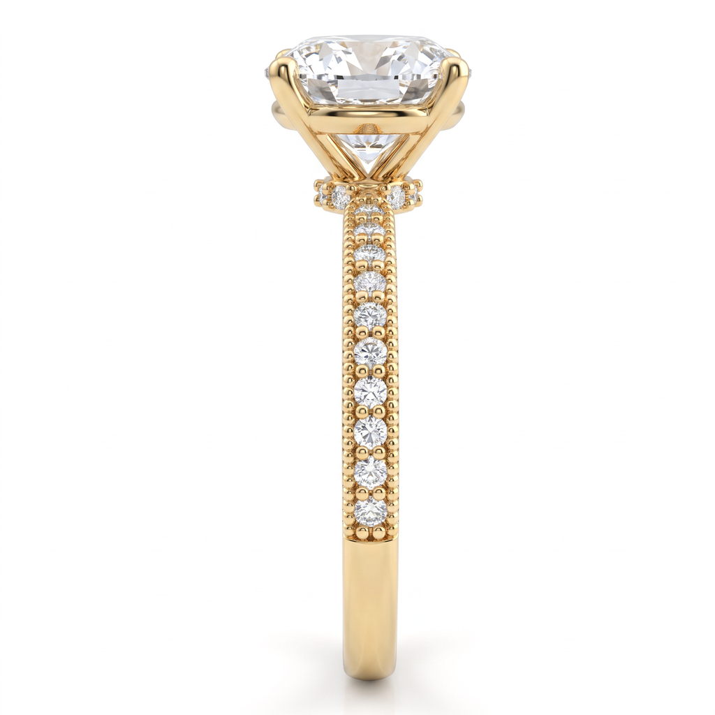 Alternate view 3: round Lab-Grown Diamond milgrain pavé engagement ring, 14K white gold low dome band