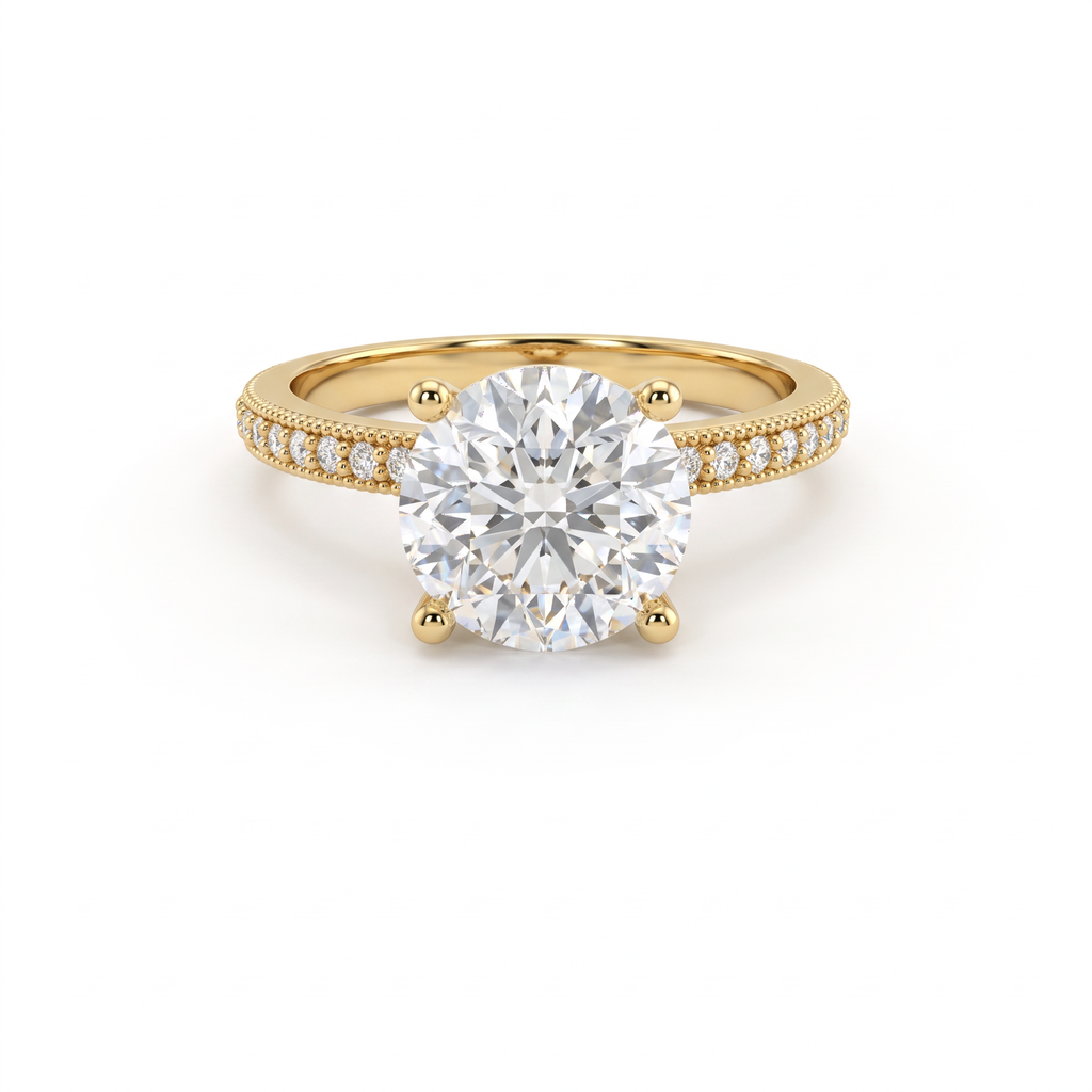 Low Dome Round Milgrain Pavé Engagement Ring with a round Lab-Grown Diamond in 14K white gold