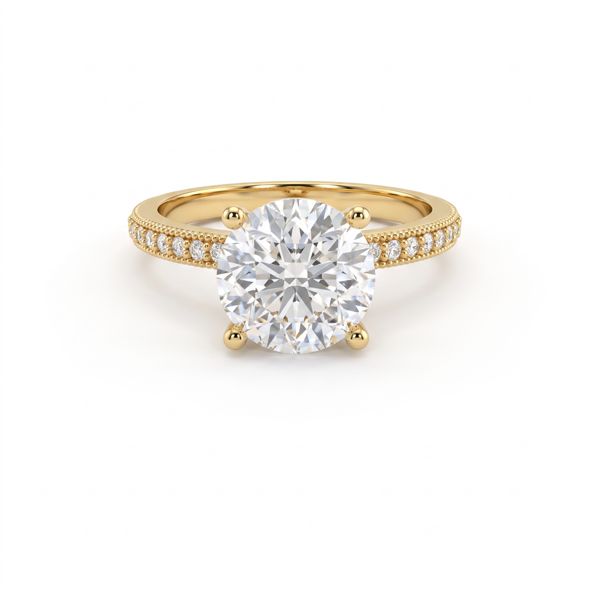 Low Dome Round Milgrain Pavé Engagement Ring with a round Lab-Grown Diamond in 14K white gold