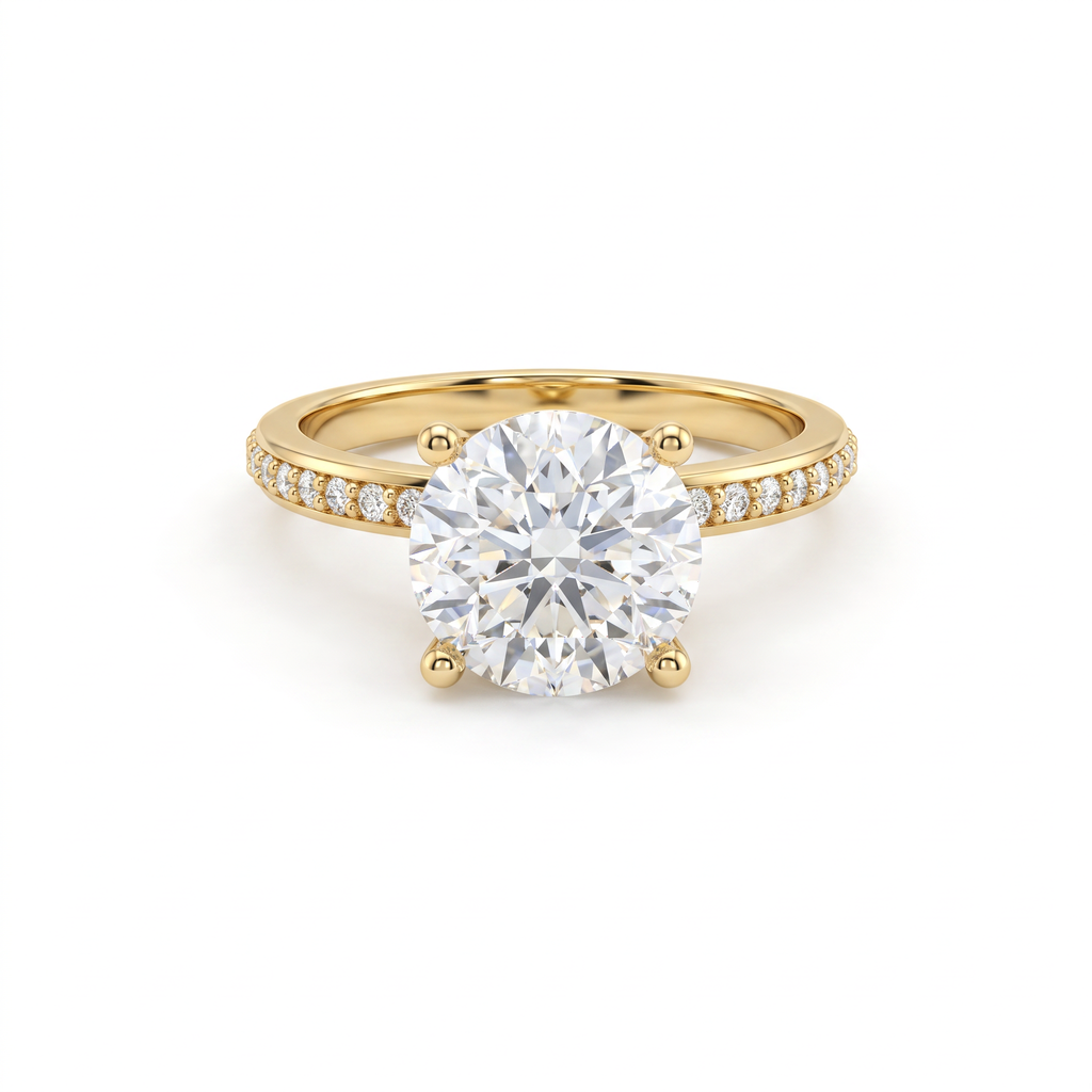 Low Dome Round Pavé Engagement Ring with a round Lab-Grown Diamond in 14K yellow gold