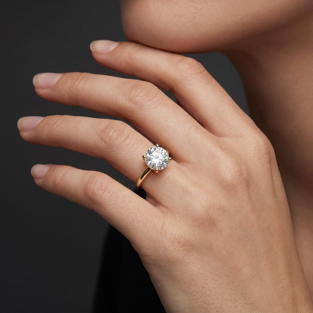 Hand wearing a round Lab-Grown Diamond solitaire engagement ring in 14K white gold