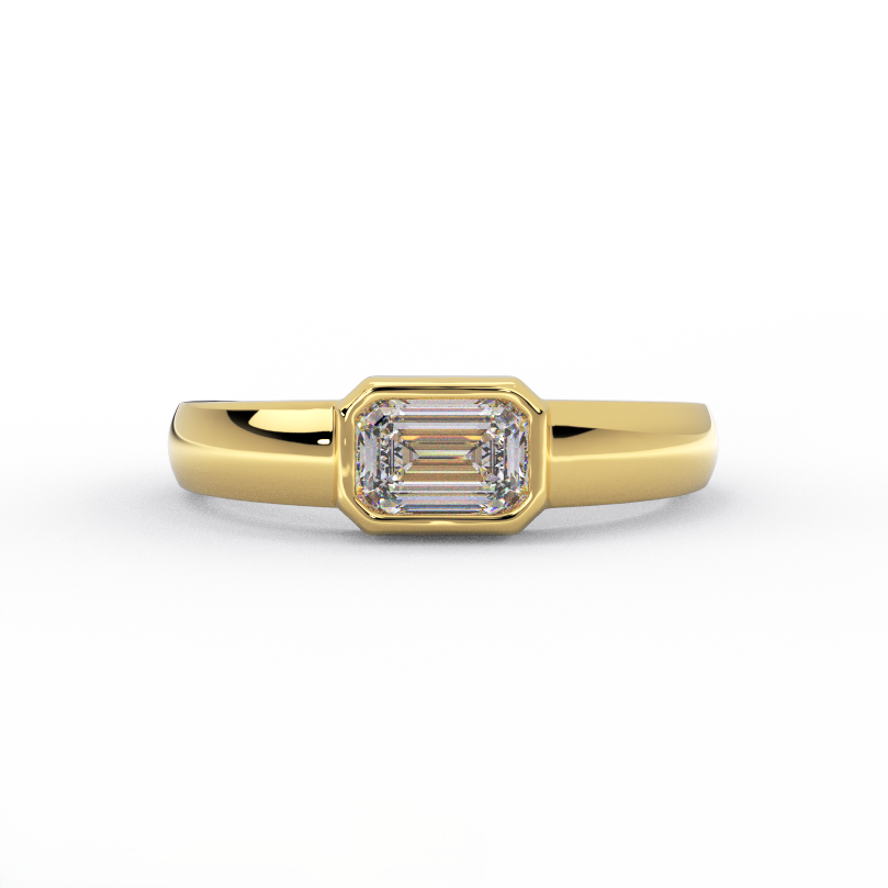 emerald cut bezel diamond ring in solid 14K yellow gold – front view