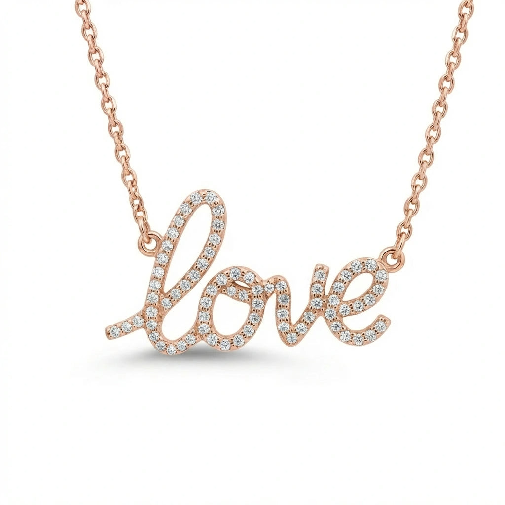 Lumi Love diamond necklace in solid 14K rose gold with pavé set round diamonds forming a script love pendant, front view
