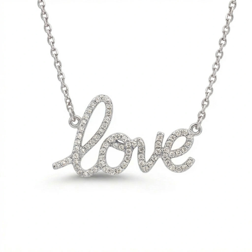 Lumi Love diamond necklace in solid 14K white gold with pavé round diamonds in a script love design, front view