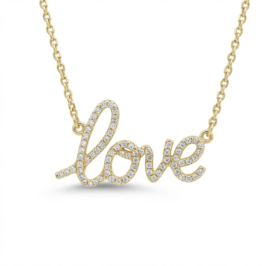 Lumi Love diamond necklace in solid 14K yellow gold featuring pavé round diamonds in a cursive love script pendant, front view