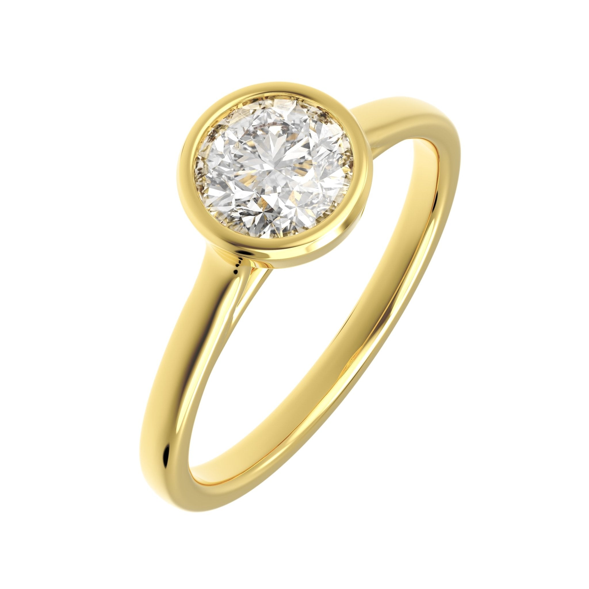 1ct round diamond bezel engagement ring in 14k yellow gold