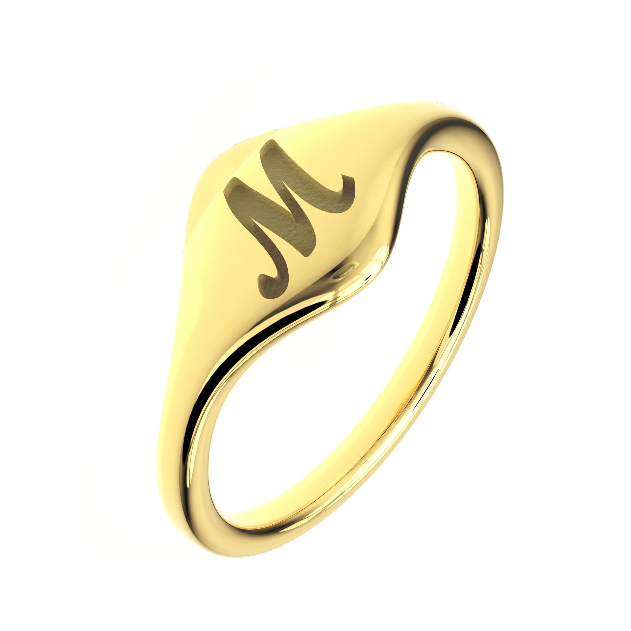 Gold ring with a letter 'M' engraving on a white background