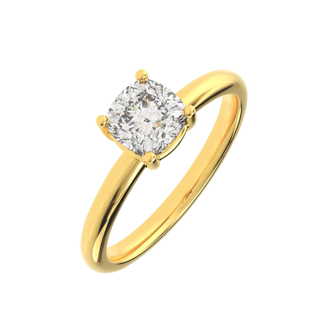 Angled view of Madison cushion solitaire engagement ring showing four-prong setting and polished gold band