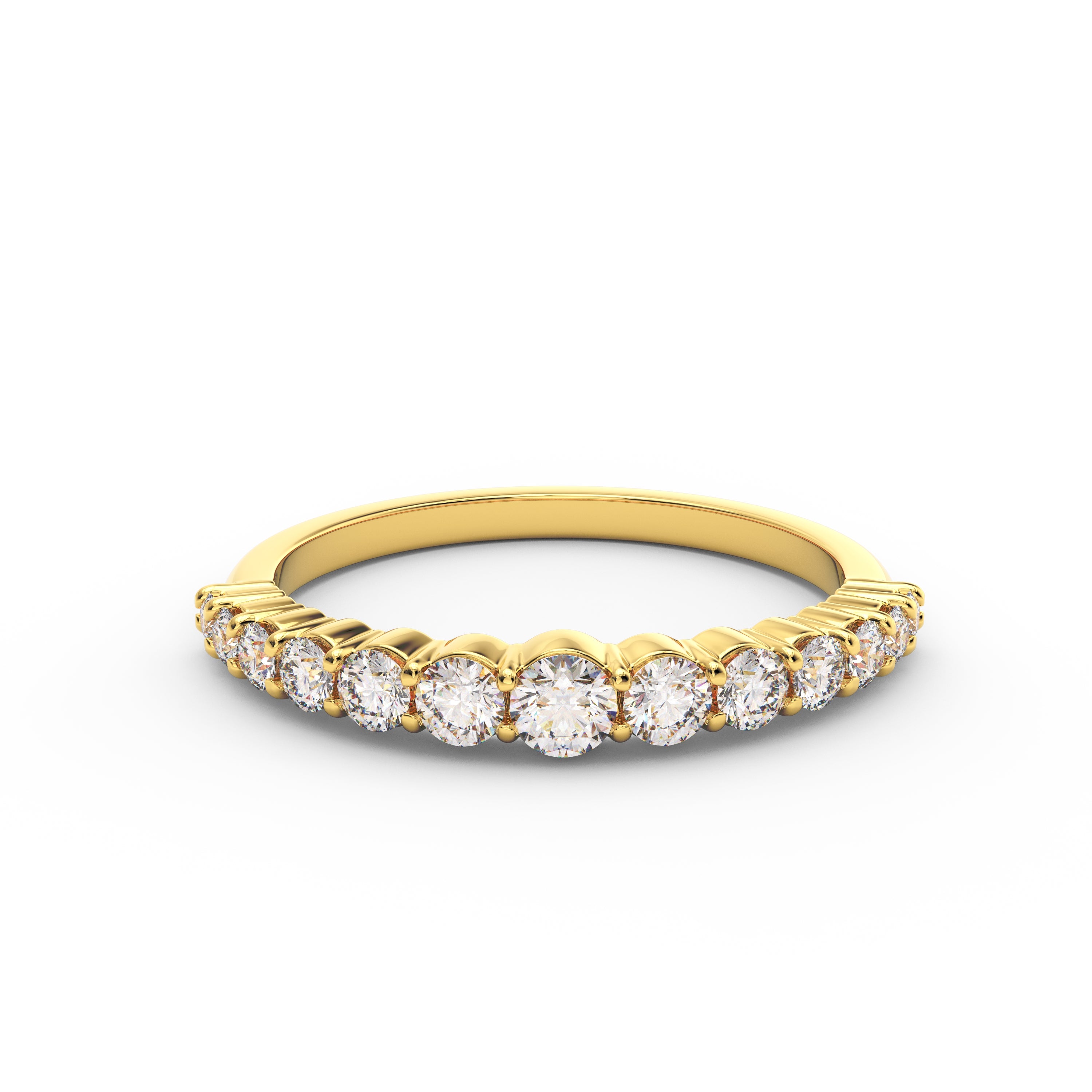 Angled view of a graduated diamond wedding band featuring 0.55 CTW lab grown diamonds