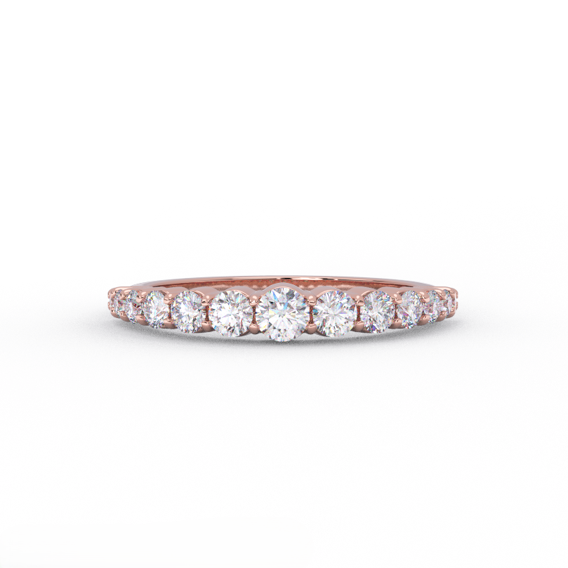 Angled view of a graduated diamond wedding band featuring 0.55 CTW lab grown diamonds 14k rose gold - front view