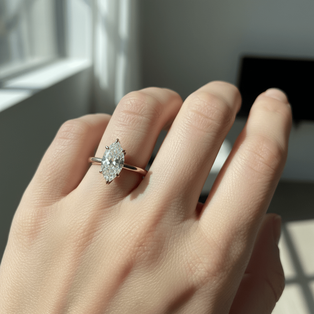 1ct marquise engagement ring in 14K yellow gold shown on a woman’s hand in natural daylight.