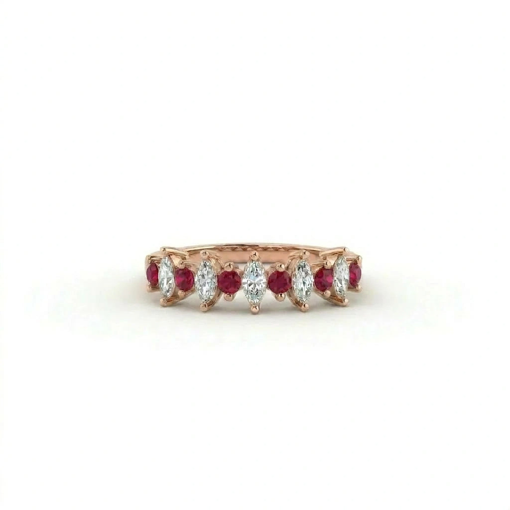 Marquise Lab-Grown Diamond and ruby alternating band in 14K rose gold, 2mm, front view — Black Pearl of Queens