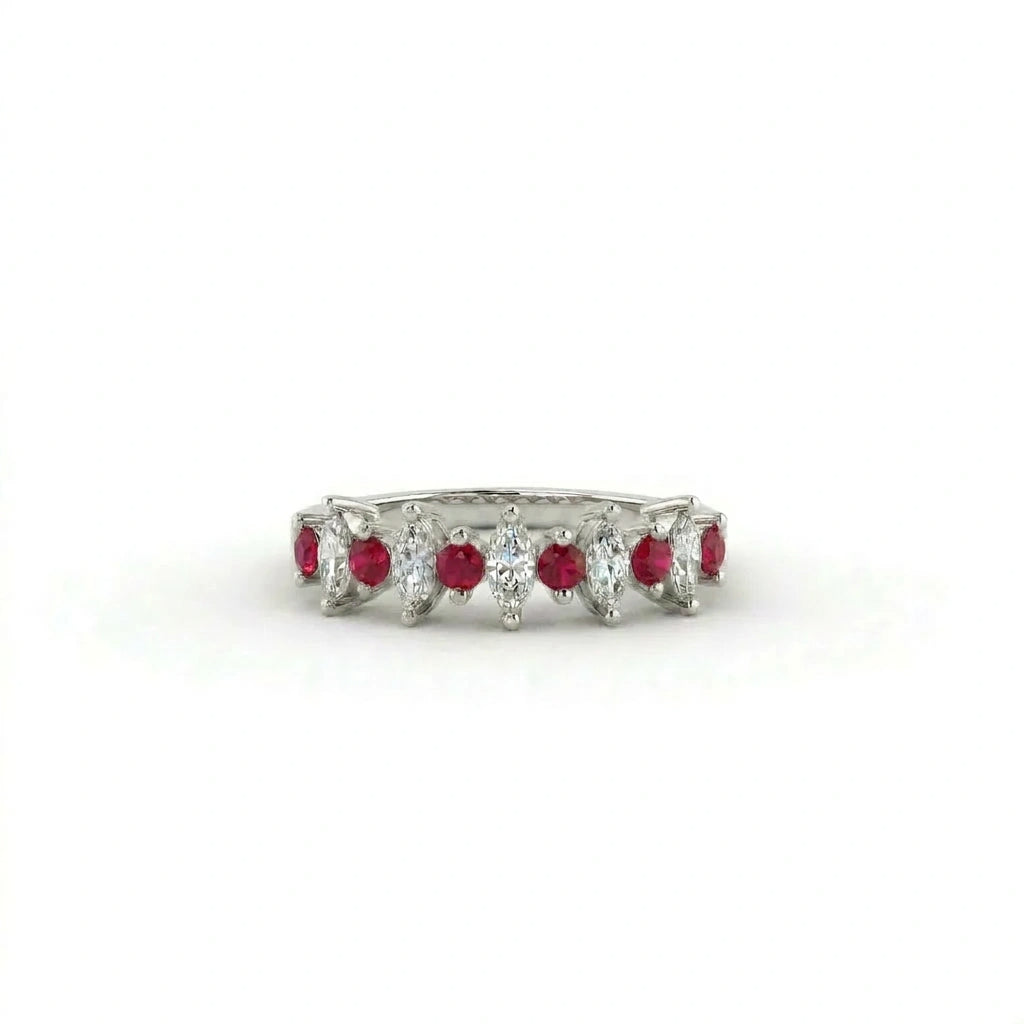 Marquise Lab-Grown Diamond and ruby alternating band in 14K white gold, 2mm, front view — Black Pearl of Queens