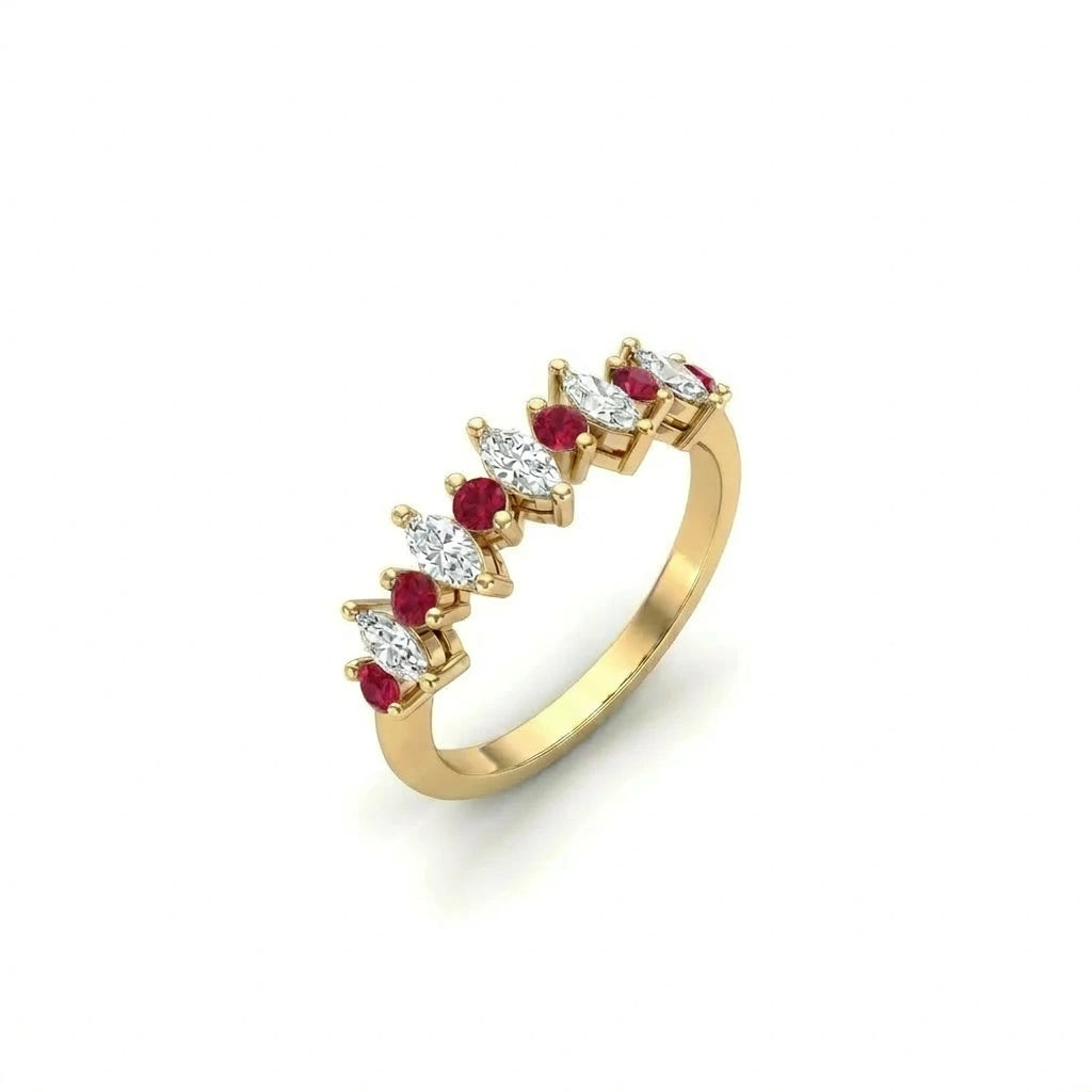Marquise Lab-Grown Diamond and ruby alternating band in 14K yellow gold, angled view — Black Pearl of Queens