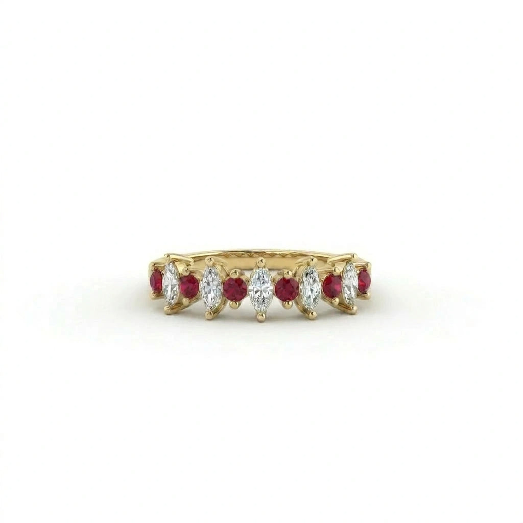 Marquise Lab-Grown Diamond and ruby alternating band in 14K yellow gold, 2mm, front view — Black Pearl of Queens