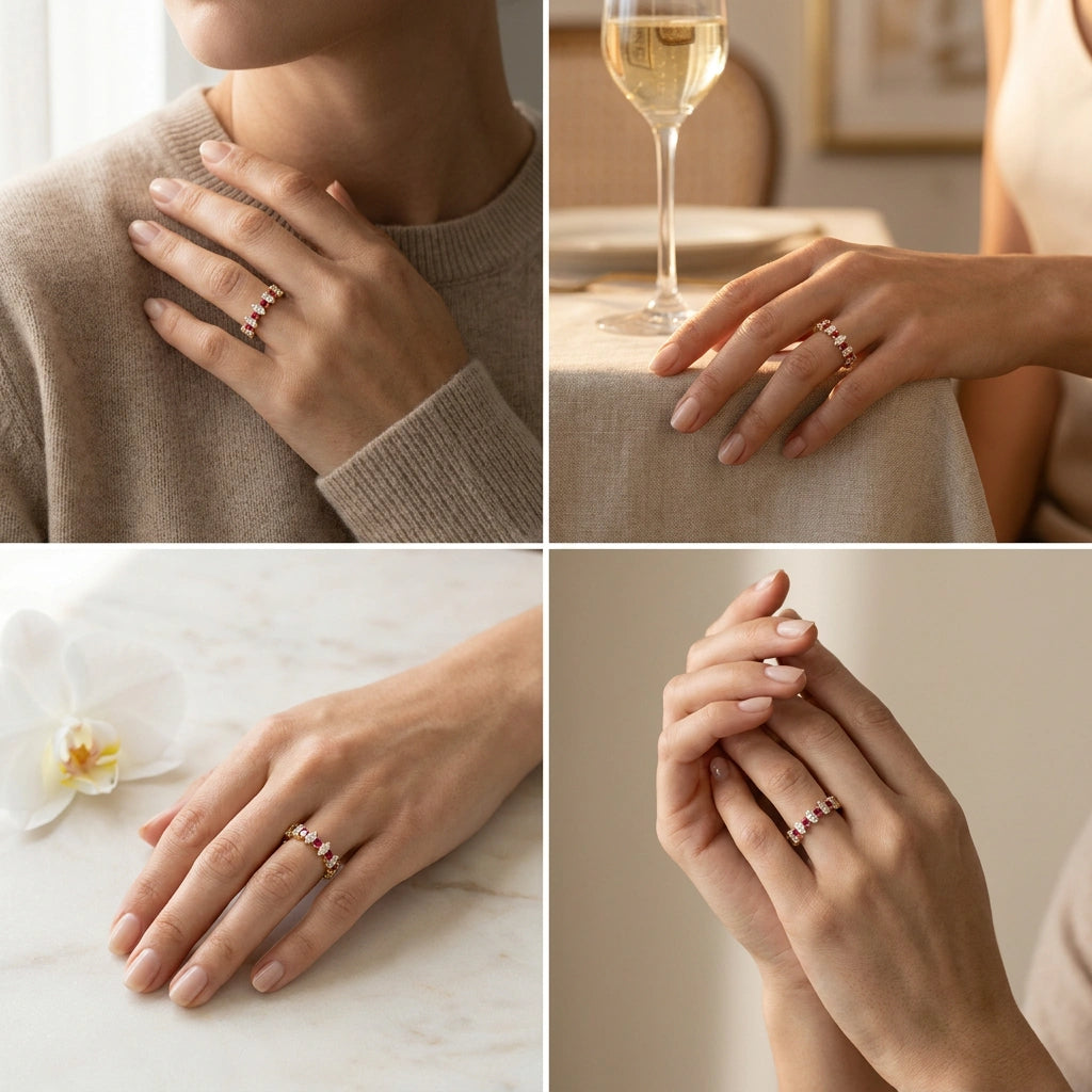 Marquise Lab-Grown Diamond and ruby band shown on hand in four lifestyle settings — Black Pearl of Queens