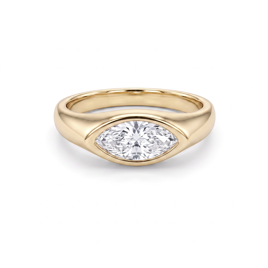 Marquise diamond signet ring in 14K yellow gold, 1ct Lab-Grown Diamond bezel-set east-west into the signet face
