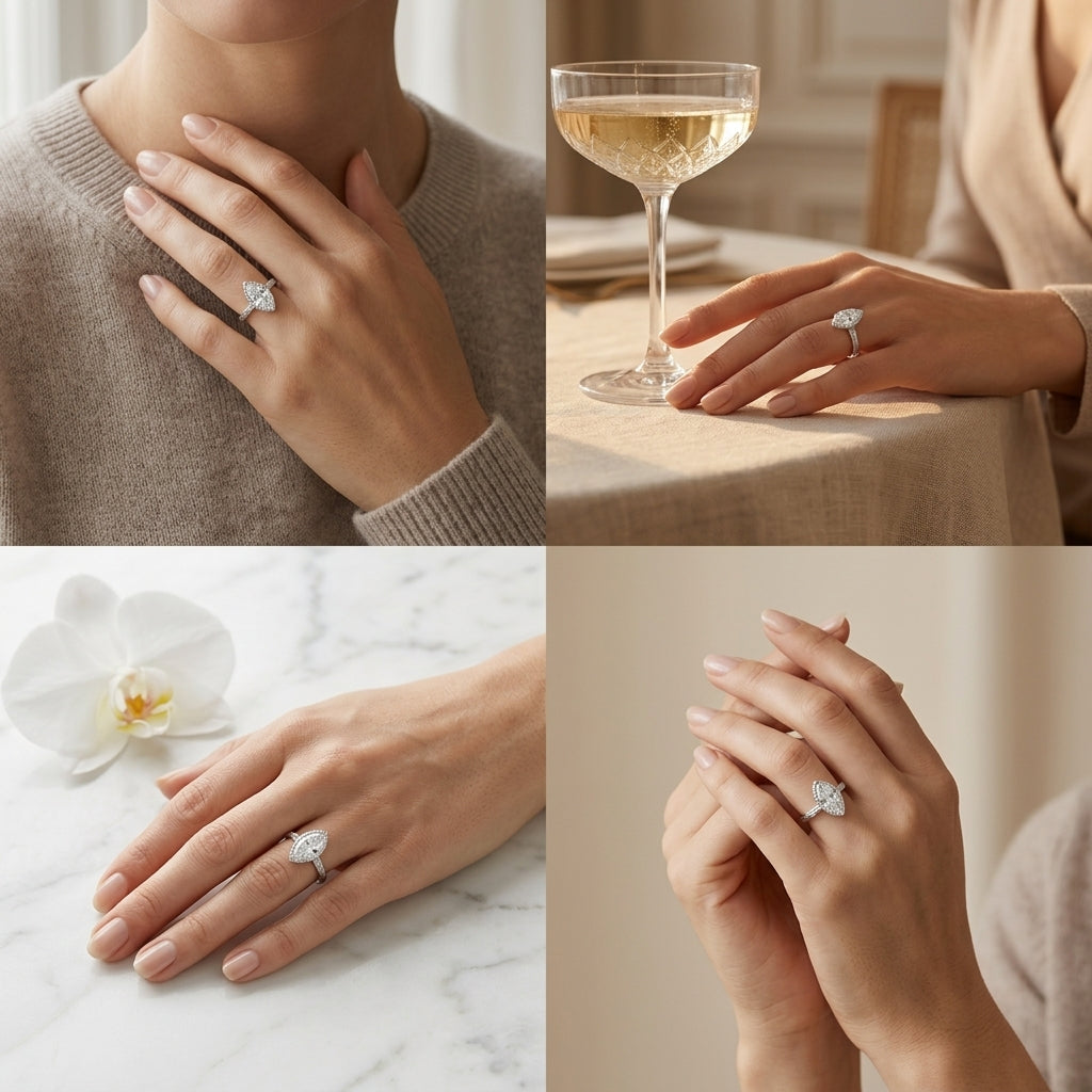 Marquise Lab-Grown Diamond branch band engagement ring worn on the hand, lifestyle views