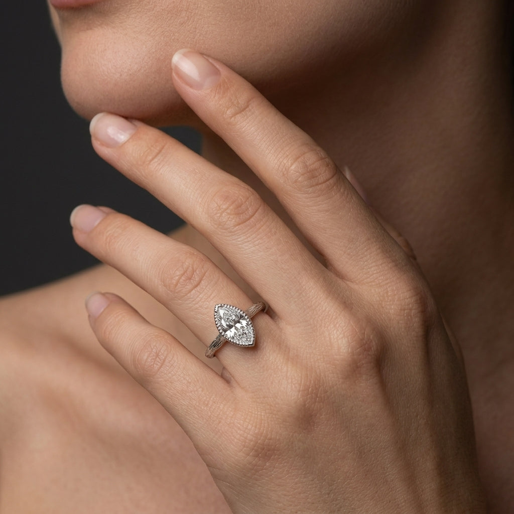 Marquise Lab-Grown Diamond branch band engagement ring worn on the hand in 14K white gold