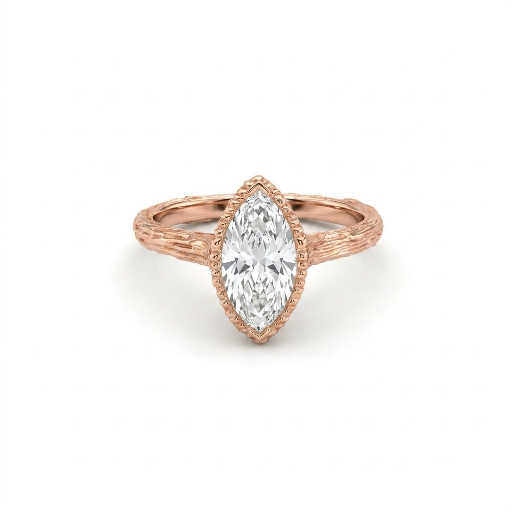 Marquise Lab-Grown Diamond engagement ring with a hand-carved branch band in 14K rose gold