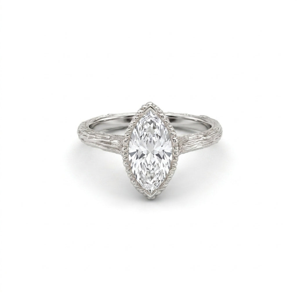 Marquise Lab-Grown Diamond engagement ring with a hand-carved branch band in 14K white gold