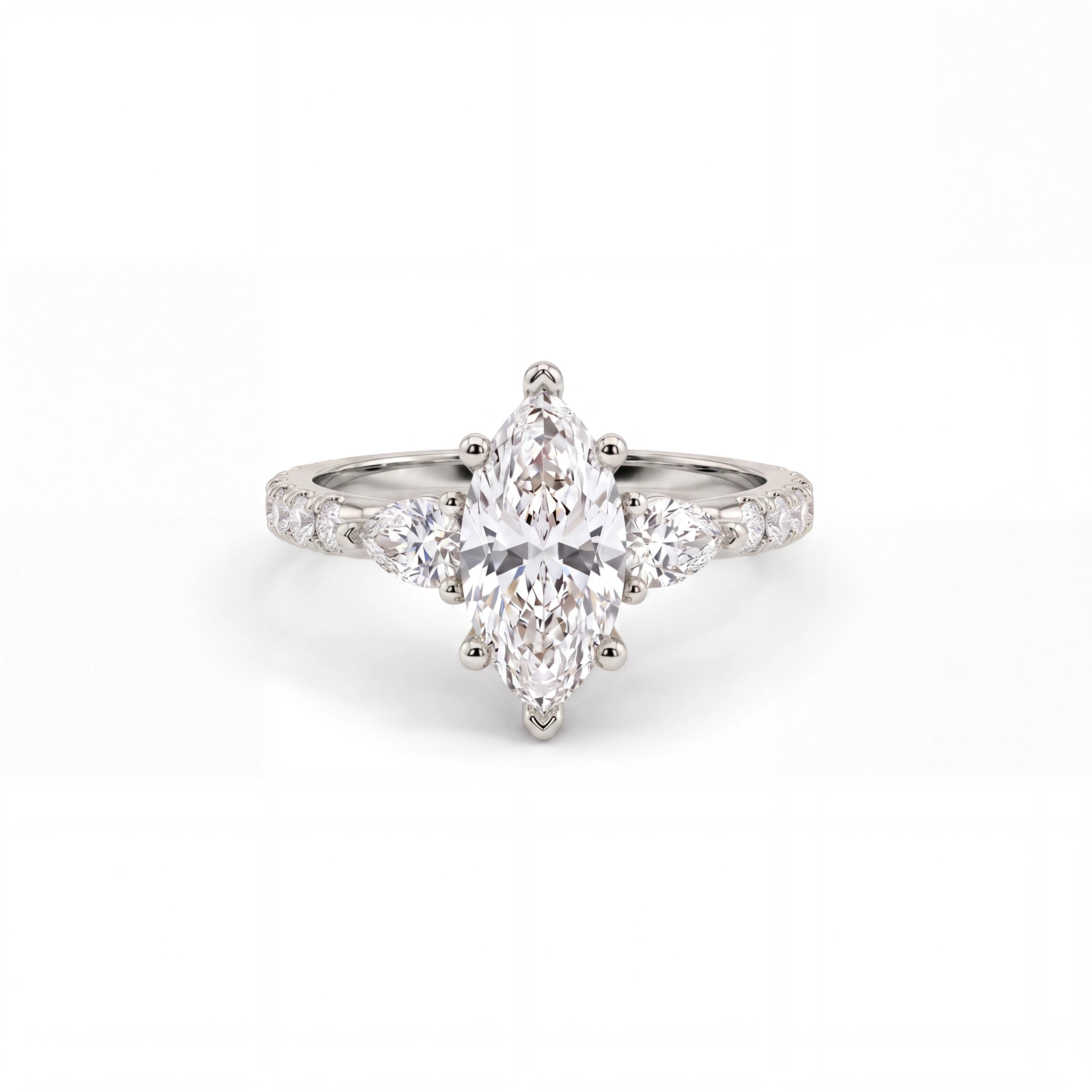 Marquise Lab-Grown Diamond three-stone engagement ring with pear side stones in 14K white gold, front view — Black Pearl of Queens