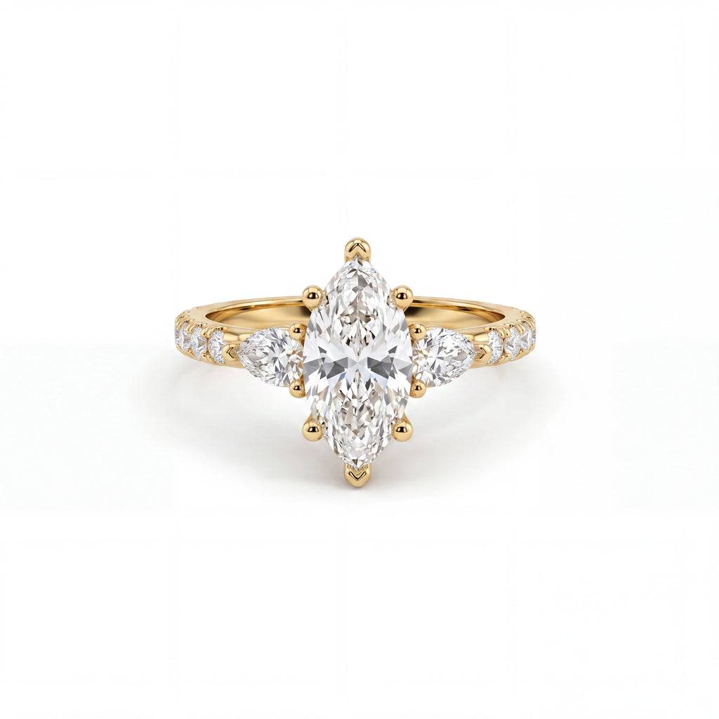 Marquise Lab-Grown Diamond three-stone engagement ring with pear-shaped side stones in 14K yellow gold, front view — Black Pearl of Queens