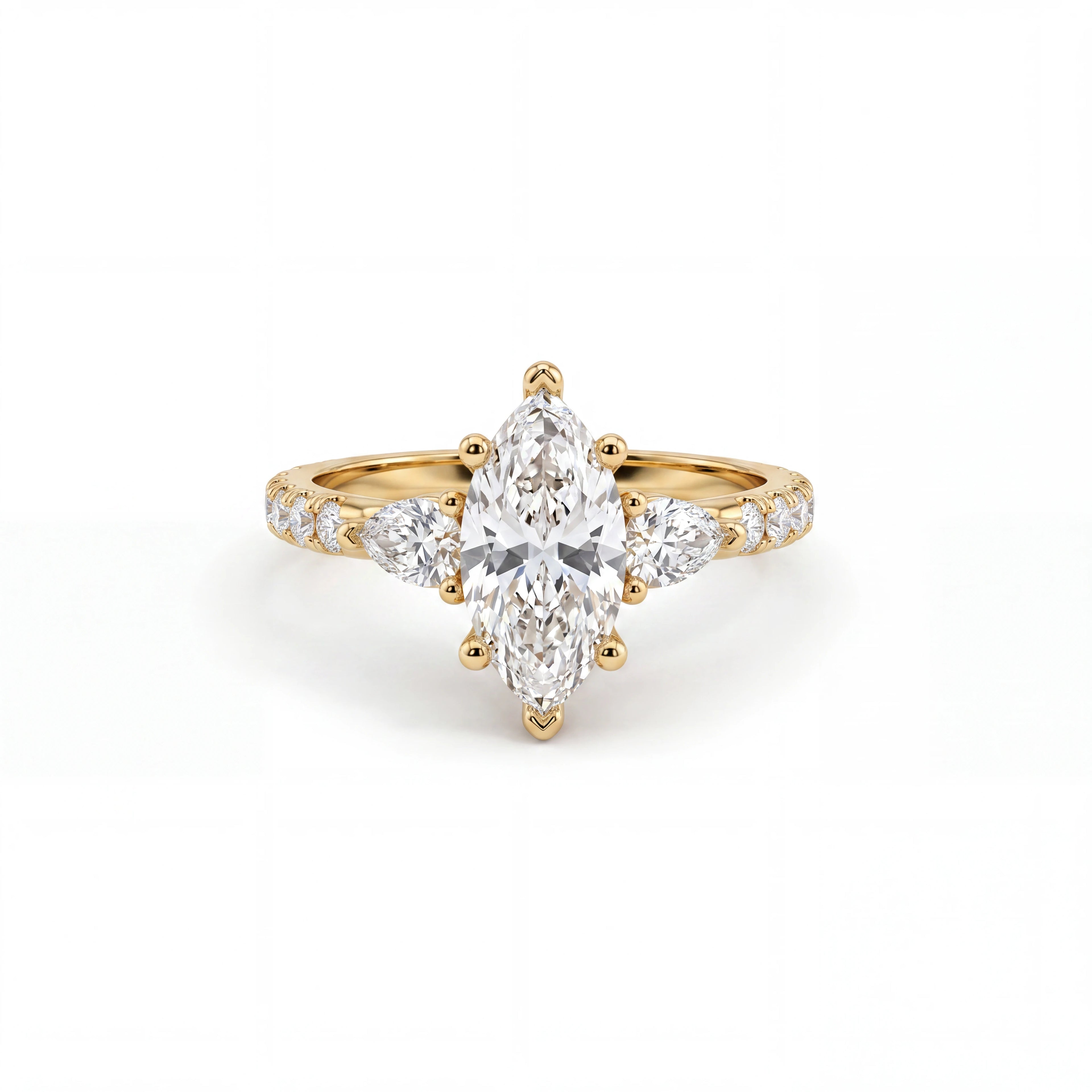 Marquise Lab-Grown Diamond three-stone engagement ring with pear-shaped side stones in 14K yellow gold, front view — Black Pearl of Queens