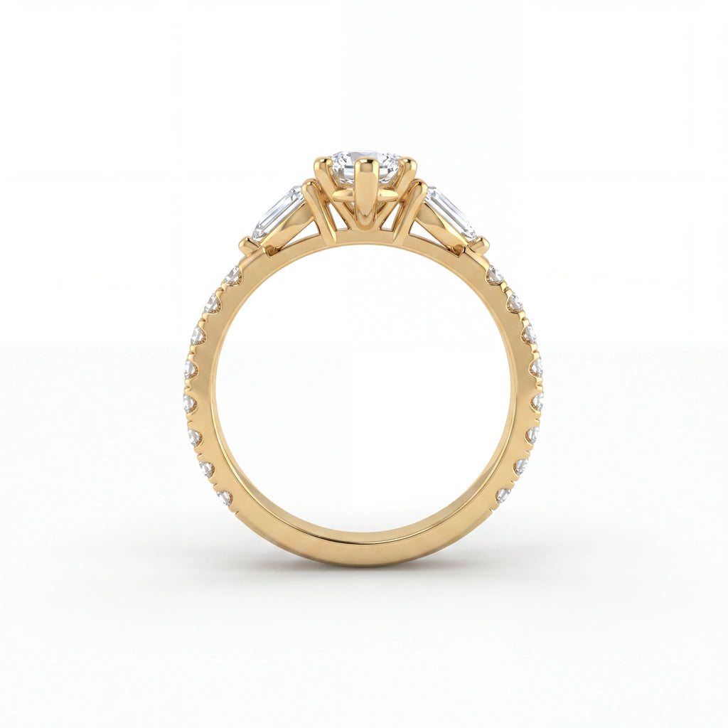 Gallery view of marquise Lab-Grown Diamond three-stone engagement ring showing six-prong setting and pavé band in 14K yellow gold — Black Pearl of Queens