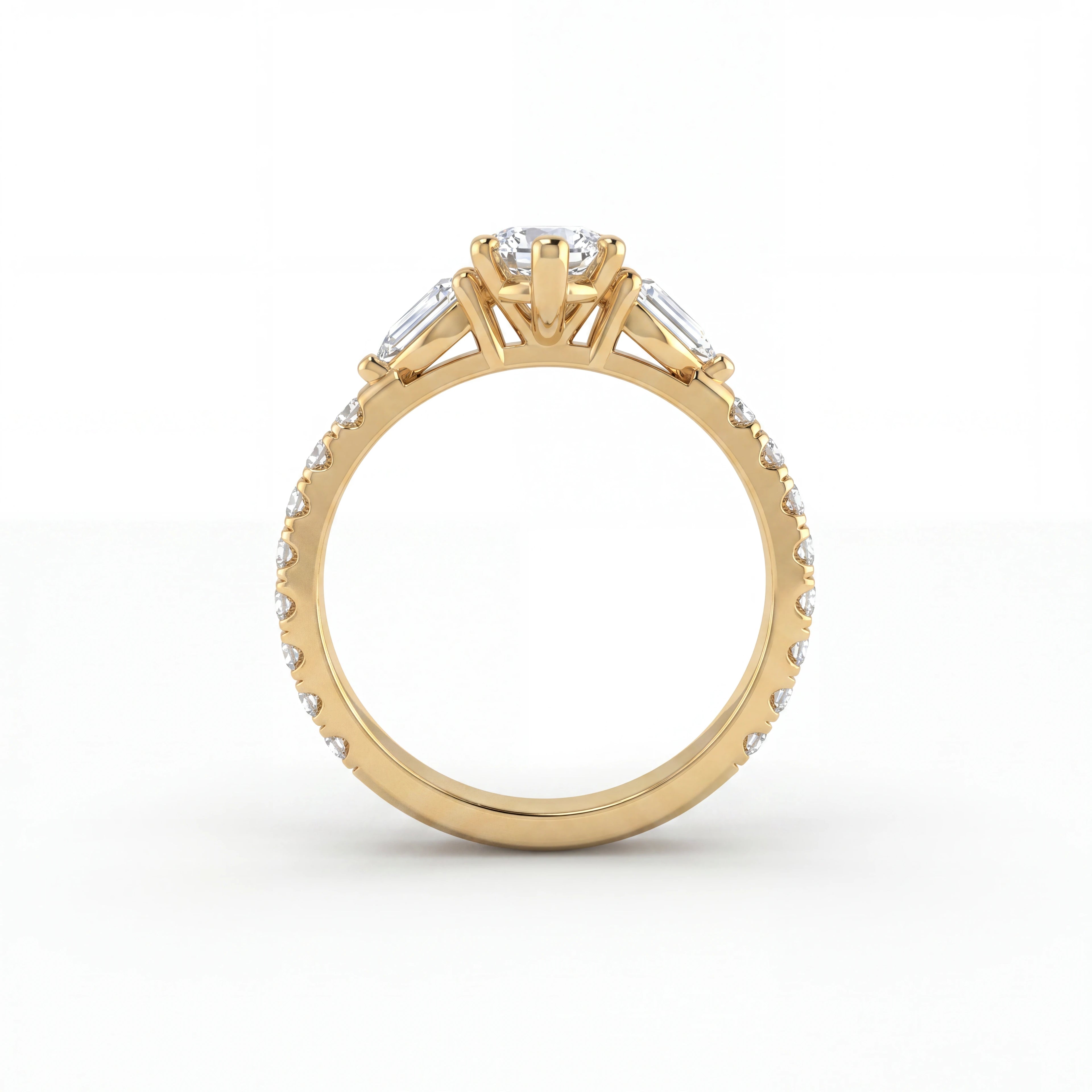 Gallery view of marquise Lab-Grown Diamond three-stone engagement ring showing six-prong setting and pavé band in 14K yellow gold — Black Pearl of Queens