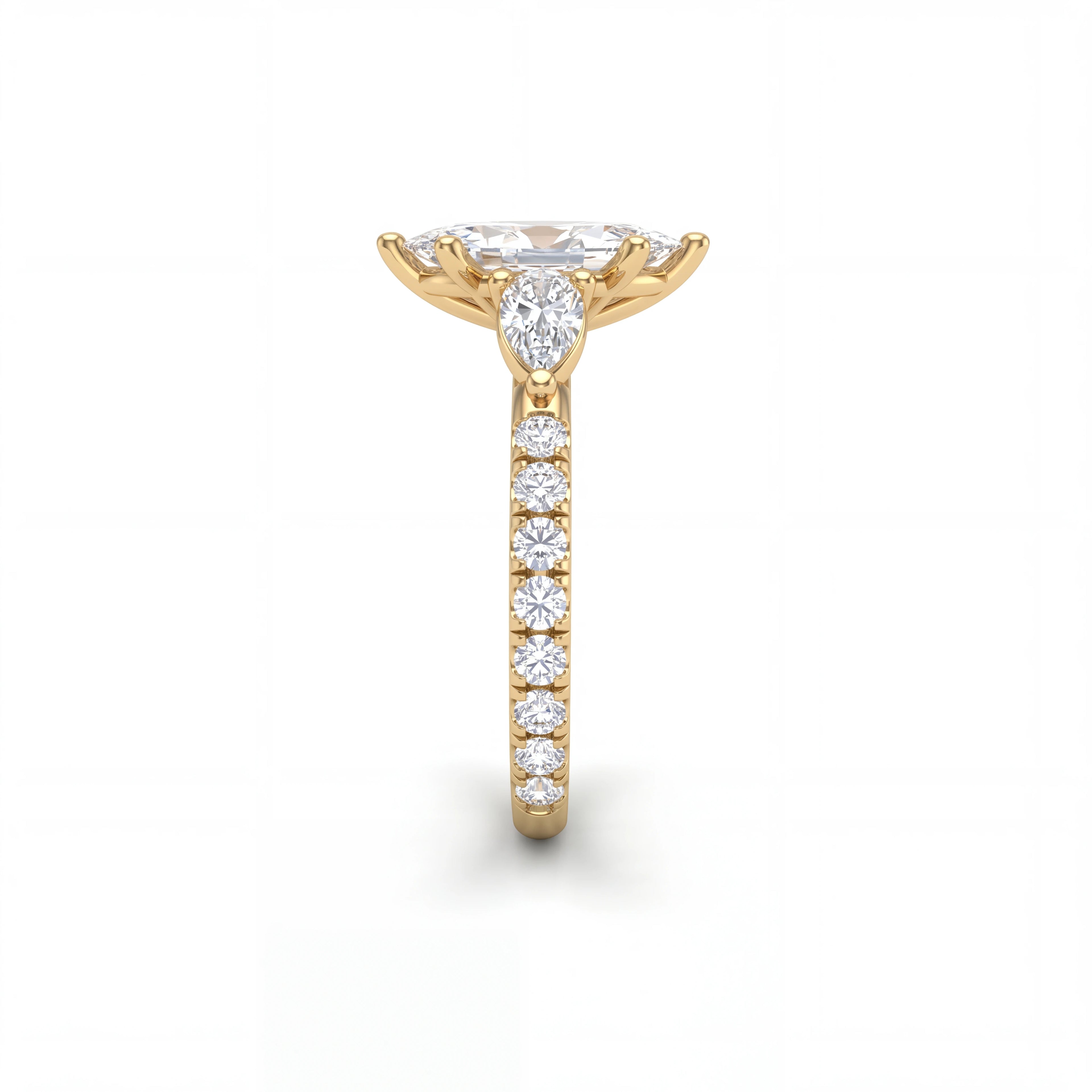 Side profile of marquise Lab-Grown Diamond three-stone engagement ring showing pear side stones and pavé band in 14K yellow gold — Black Pearl of Queens