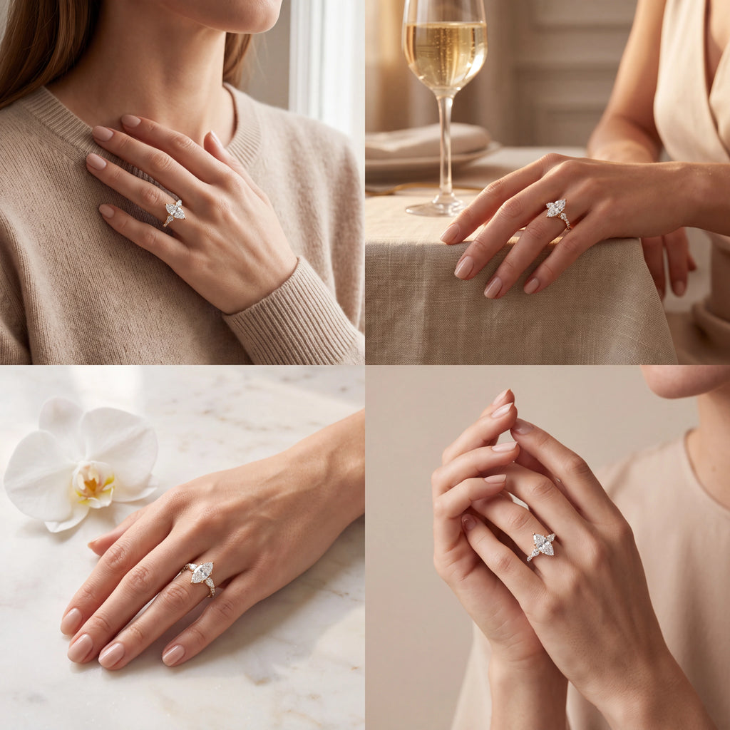 Marquise Lab-Grown Diamond three-stone engagement ring with pear side stones shown in four lifestyle settings — Black Pearl of Queens