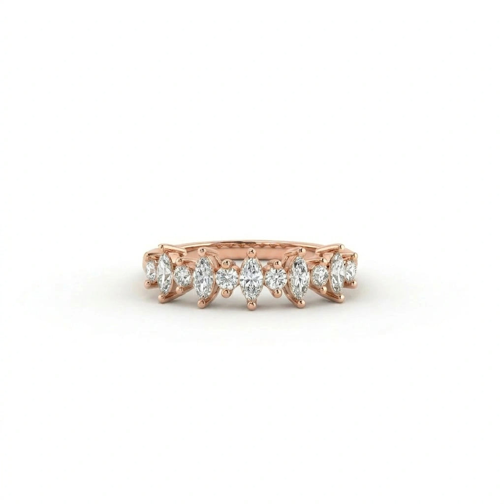 Marquise and round lab grown diamond wedding band in 14K rose gold front view