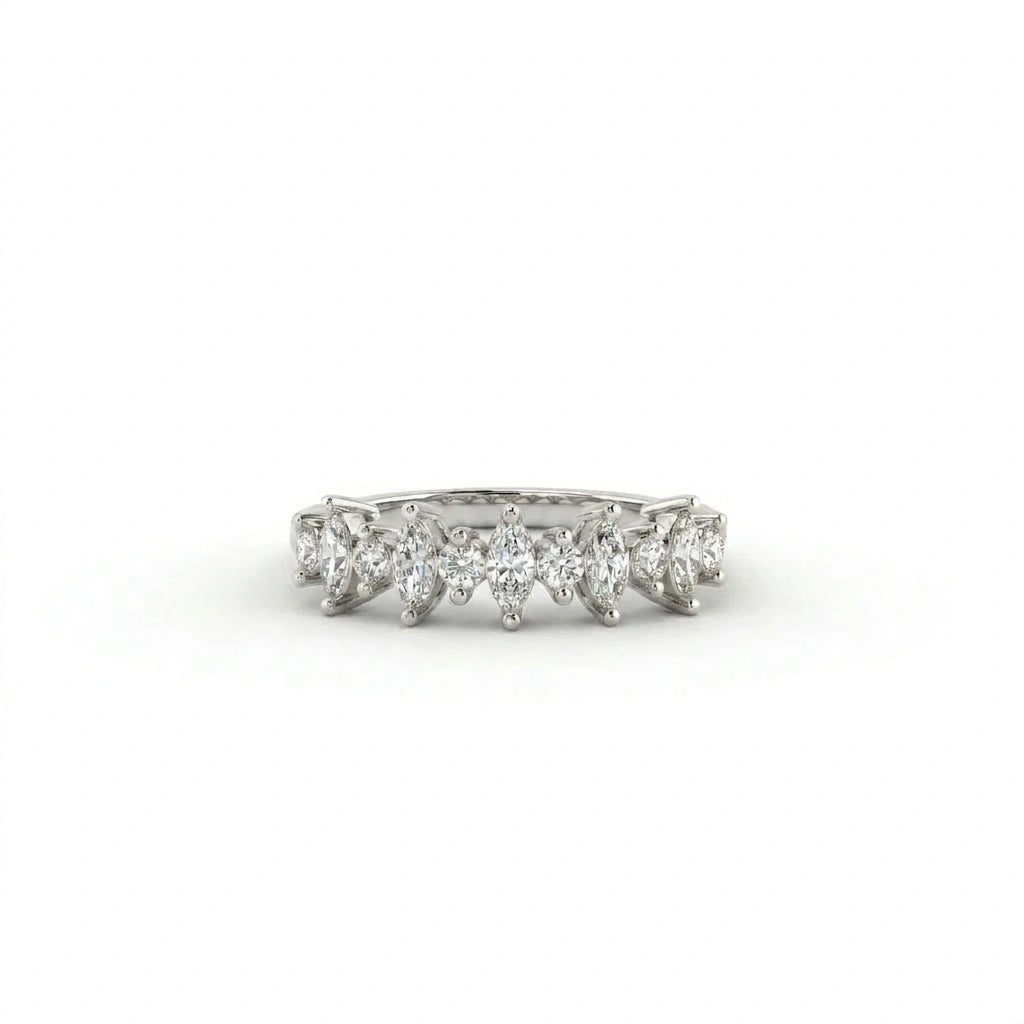 Marquise and round lab grown diamond wedding band in 14K white gold front view