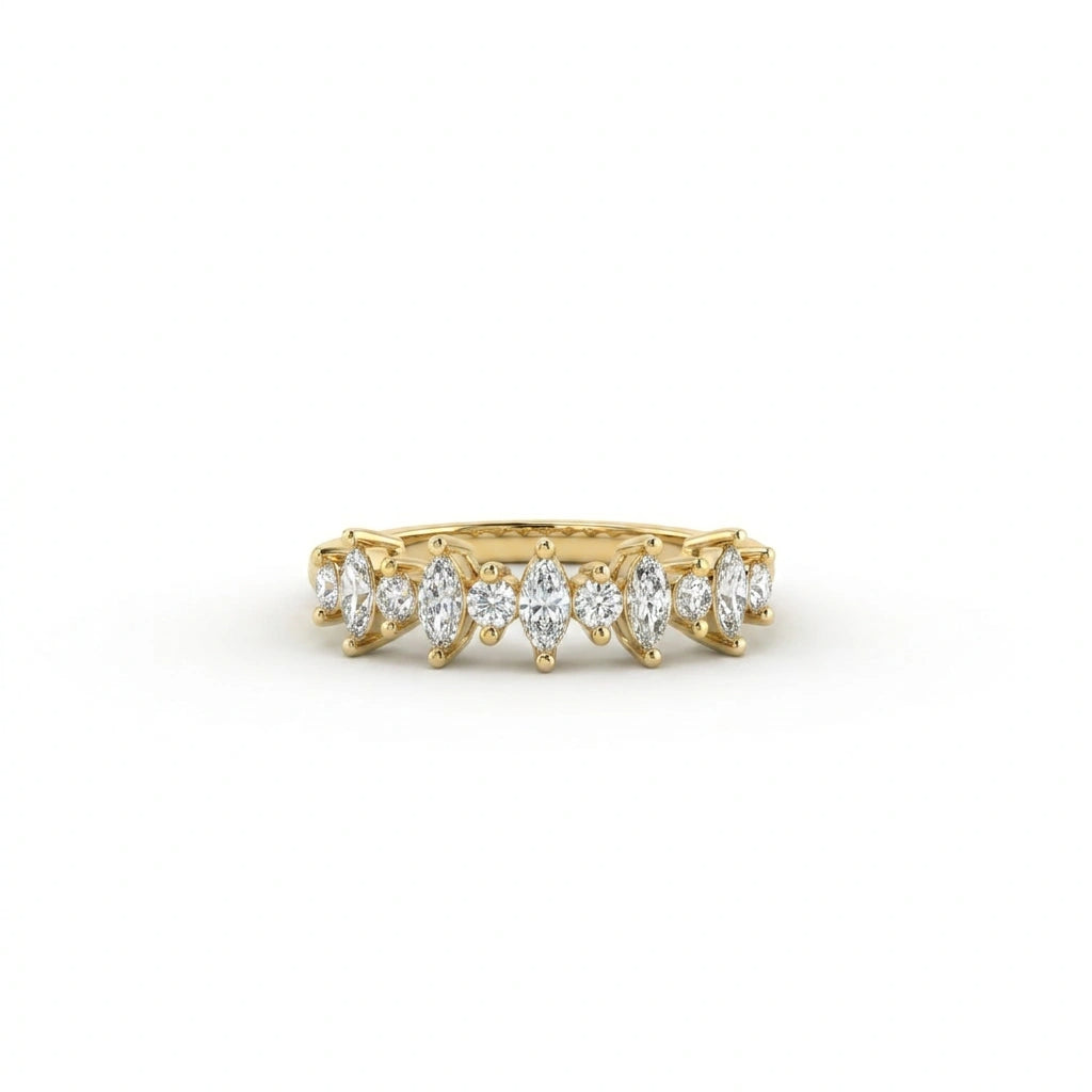 Marquise and round lab grown diamond wedding band in 14K yellow gold front view