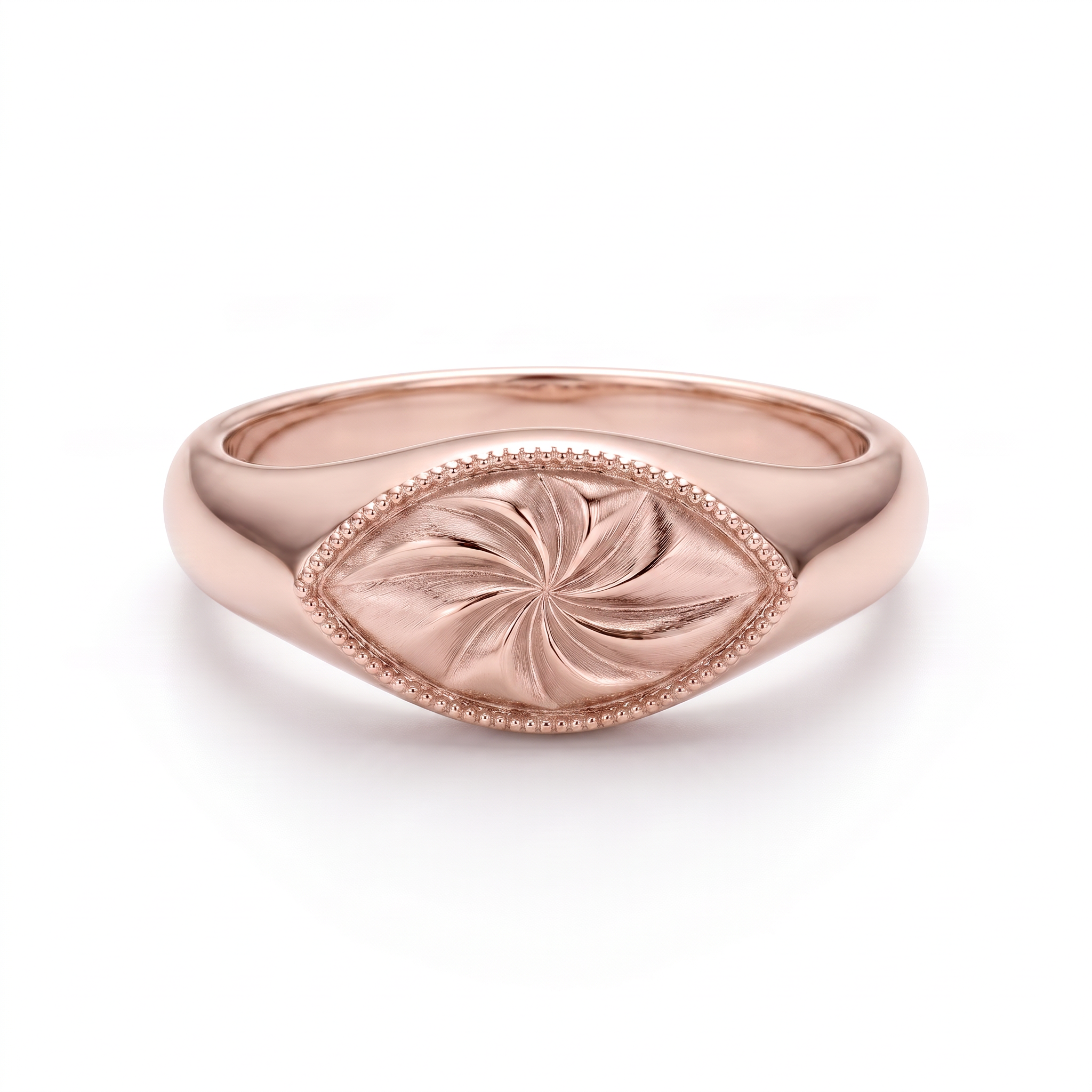 Angled view of the marquise signet ring in 14K white gold, showing the raised face and the shank tapering to 3mm