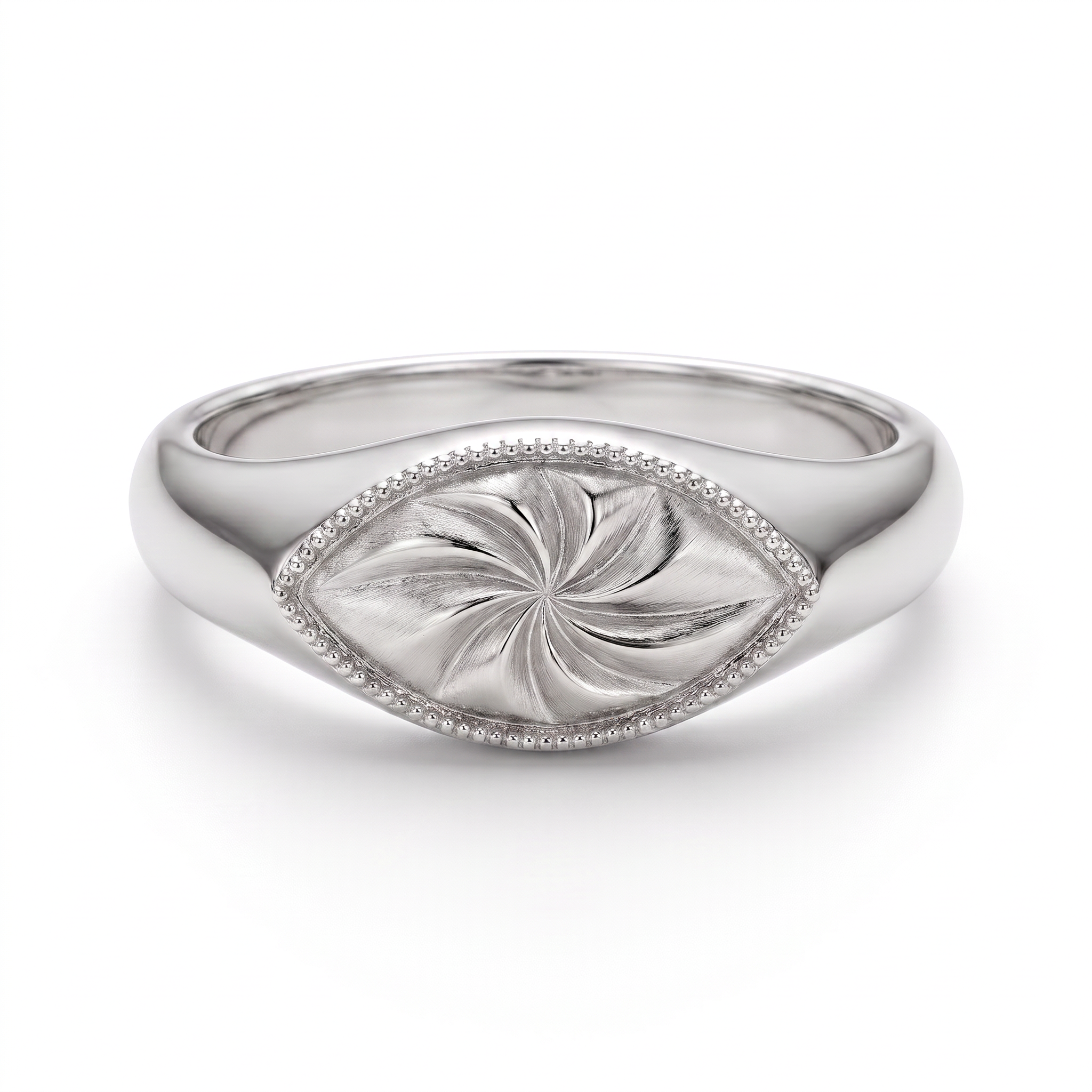 Hand-engraved marquise signet ring in solid 14K white gold with a pinwheel motif and milgrain border