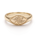 Hand-engraved marquise signet ring in solid 14K yellow gold with a pinwheel motif and milgrain border