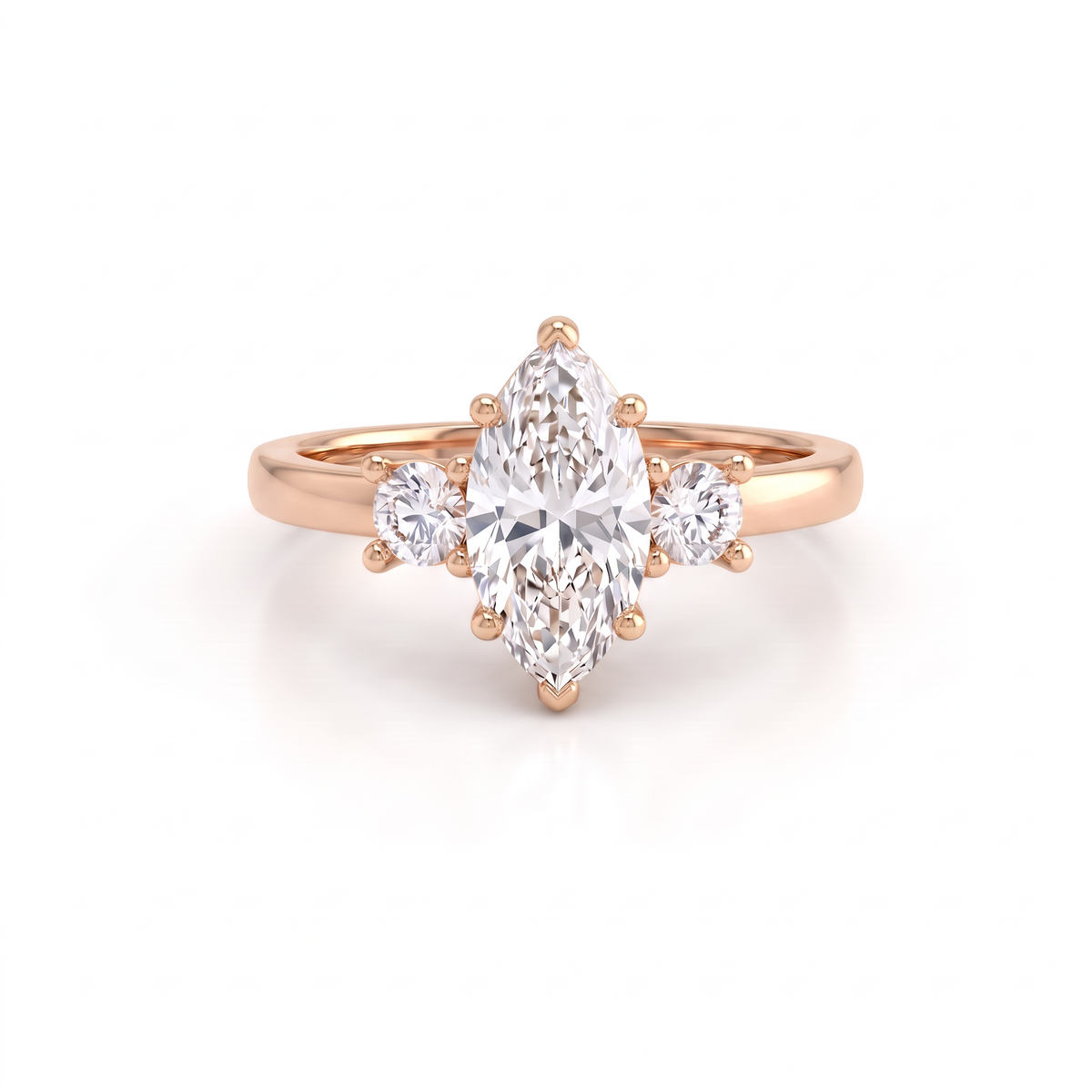 1ct marquise Lab-Grown Diamond three-stone engagement ring with round side stones in 14K rose gold, front view