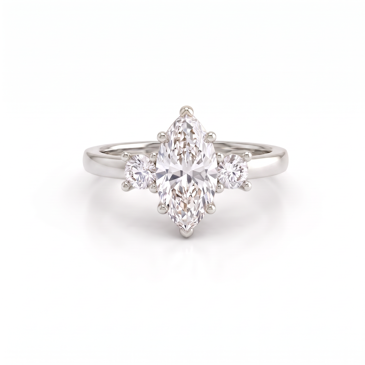 1ct marquise Lab-Grown Diamond three-stone engagement ring with round side stones in 14K white gold, front view