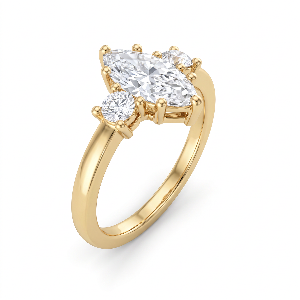 Angled view of marquise three-stone engagement ring in 14K yellow gold, 1.20ctw Lab-Grown Diamonds on a 2mm band