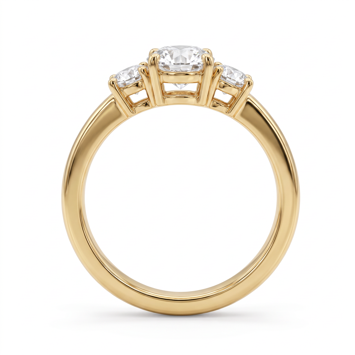 End view of marquise three-stone engagement ring in 14K yellow gold, open prong baskets and 2mm comfort-fit band
