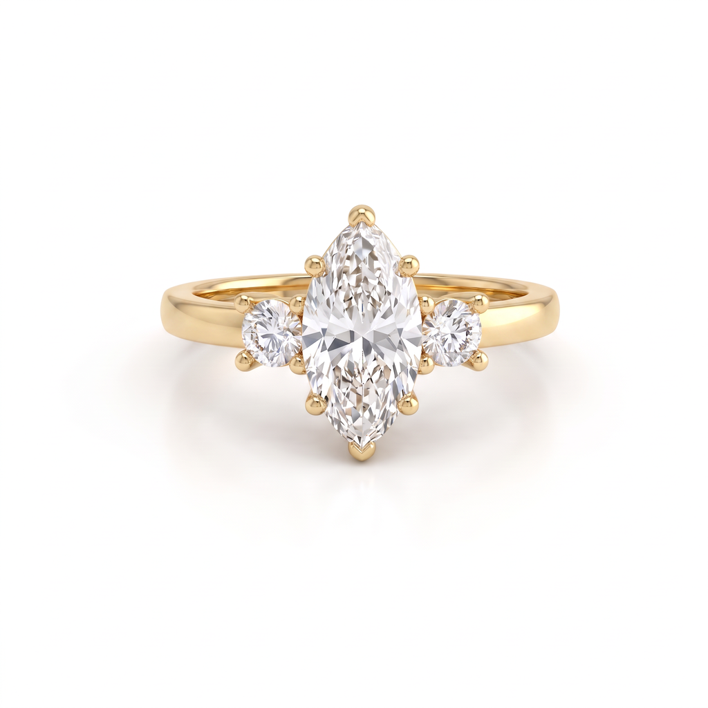 1ct marquise Lab-Grown Diamond three-stone engagement ring with round side stones in 14K yellow gold, front view
